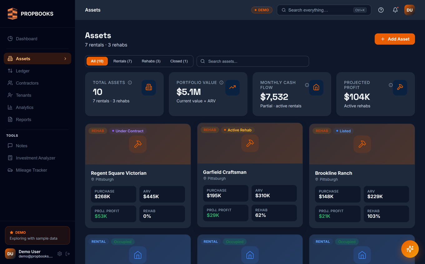 PROPBOOKS unified asset list — rentals and rehabs together with purchase price, ARV, and projected profit